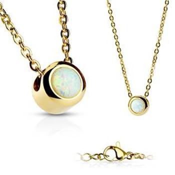 Šperky4U Zlacený ocelový náhrdelník s opálem bílé barvy - OPD0013-OP17