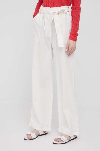 Kalhoty s příměsí lnu Pepe Jeans Lourdes dámské, bílá barva, široké, high waist