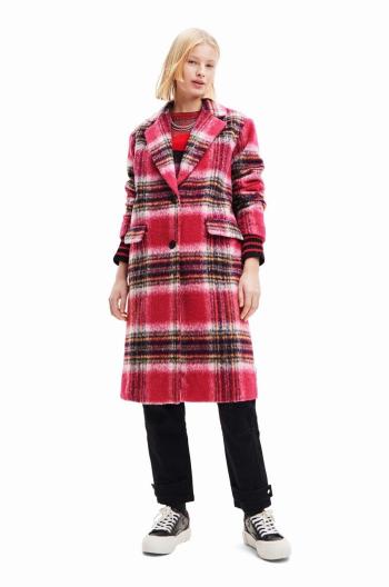 Kabát Desigual 23WWEWAD WOMAN WOVEN OVERCOAT dámský, růžová barva, přechodný, dvouřadový