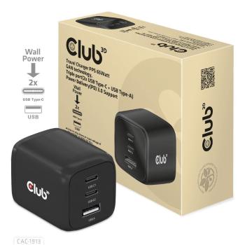 Club3D cestovní nabíječka 65W GAN technologie, 3 porty (2xUSB-C + USB-A), Power Delivery(PD) 3.0 Support