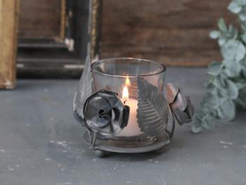 Kovovo - skleněný antik svícen s květy Flow - Ø 9*7 cm 71345-00