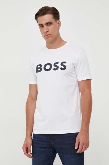 Bavlněné tričko BOSS CASUAL béžová barva, s potiskem, 50481923