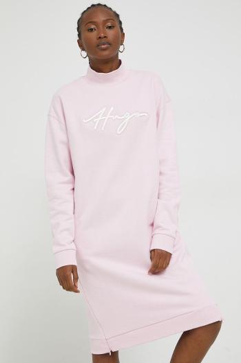 Bavlněné šaty HUGO růžová barva, mini