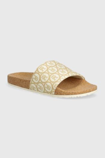 Pantofle Tommy Hilfiger TH EMBLEM CORK SLIDE dámské, béžová barva, FW0FW07848