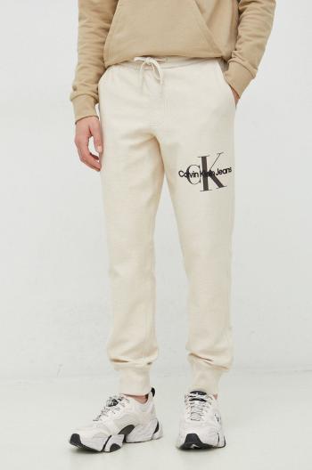 Bavlněné tepláky Calvin Klein Jeans béžová barva, s aplikací