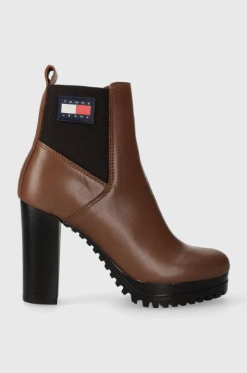 Kožené kotníkové boty Tommy Jeans TJW NEW ESS HIGH HEEL BOOT dámské, hnědá barva, na plochém podpatku, EN0EN02439