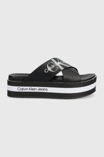 Kožené pantofle Calvin Klein Jeans dámské, černá barva, na platformě