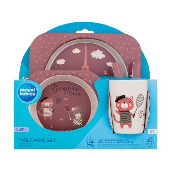 Canpol babies Bonjour Paris Tableware Set Red nádobí miska 300 ml + talíř 250 ml + hrnek 250 ml + lžíce + vidlička pro děti