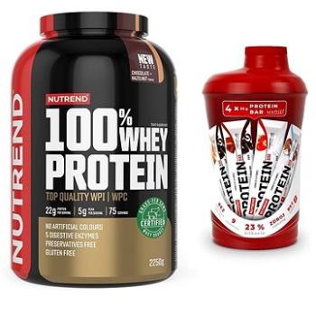 Nutrend 100% Whey Protein 2250 g, čokoláda+lískový ořech + MULTIPACK Protein bar + šejkr, 4 x 55 g +