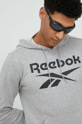 Mikina Reebok pánská, šedá barva, s kapucí, s potiskem