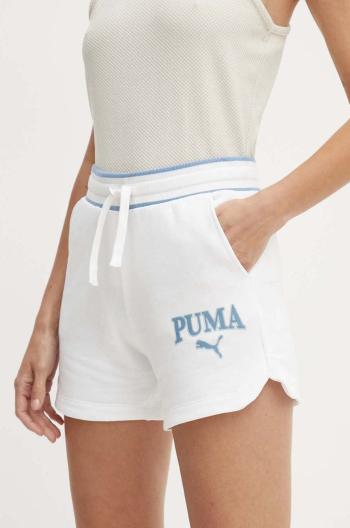 Kraťasy Puma SQUAD dámské, bílá barva, s potiskem, high waist, 678704