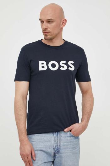 Bavlněné tričko BOSS CASUAL tmavomodrá barva, s potiskem, 50481923