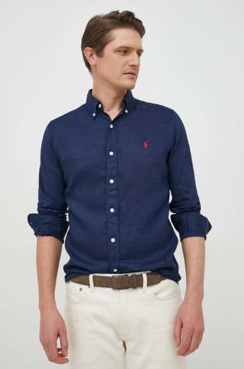 Plátěná košile Polo Ralph Lauren pánská, tmavomodrá barva, regular, s límečkem button-down