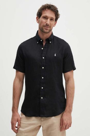 Lněná košile Polo Ralph Lauren černá barva, regular, s límečkem button-down, 710795452