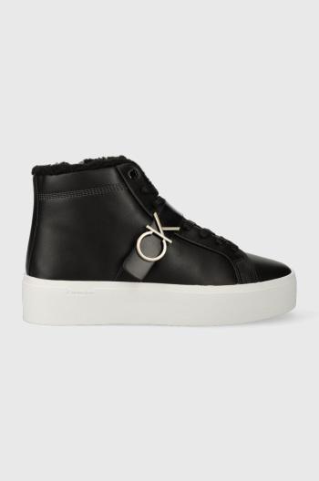 Kožené kecky Calvin Klein FLATFORM CUPSOLE HIGHTOP W/HW WL dámské, černá barva, HW0HW01667