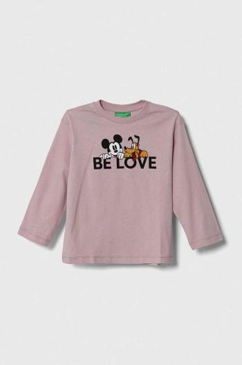 Dětské bavlněné tričko s dlouhým rukávem United Colors of Benetton x Disney růžová barva, s potiskem