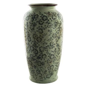 Zelená dekorační váza s modrými květy Minty - Ø17*35 cm 6CE1392L