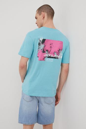Bavlněné tričko Jack & Jones tyrkysová barva, s potiskem