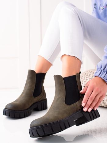 Designové zelené  kotníčkové boty dámské na plochém podpatku