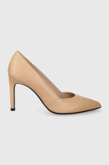 Kožené lodičky Calvin Klein HEEL PUMP 90 LEATHER béžová barva, HW0HW01928