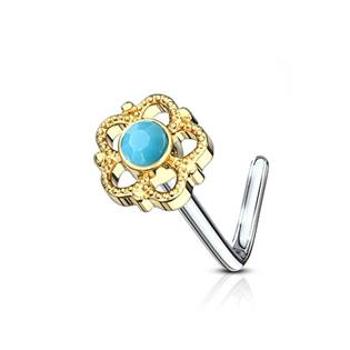 Šperky4U Zlacený zahnutý piercing do nosu - tyrkysový kamínek - N0100-GD