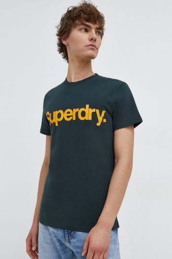 Bavlněné tričko Superdry zelená barva, s potiskem