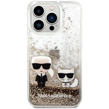Karl Lagerfeld Liquid Glitter Karl and Choupette Zadní Kryt pro iPhone 14 Pro Gold (KLHCP14LGKCD)