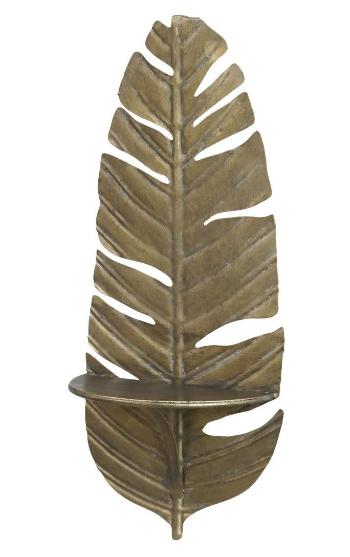 Mosazná antik nástěnná kovová polička ve tvaru peří Feather - 24*12*56cm 64069113 (64691-13)