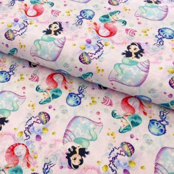 Bavlněná látka Snoozy fabrics Mermaids pink digital print