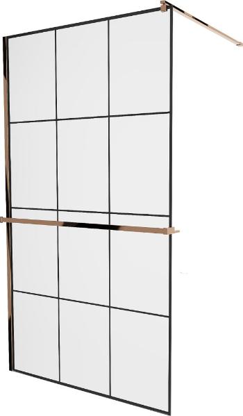 MEXEN/S KIOTO Sprchová zástěna WALK-IN s poličkou a držákem ručníků 120 x 200 cm, transparent/černá 8 mm růžové zlato 800-120-121-60-77