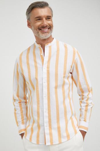 Košile ze směsi lnu Selected Homme pánská, oranžová barva, slim, se stojáčkem