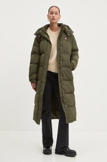 Péřová bunda Tommy Jeans dámská, zelená barva, zimní, oversize, DW0DW18860