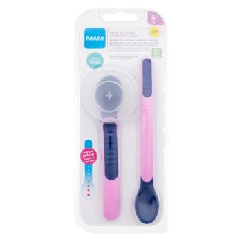 MAM Heat Sensitive Spoons & Cover 6m+ Pink nádobí dlouhá lžíce 1 ks + krátká lžíce 1 ks + pouzdro na lžíce pro děti