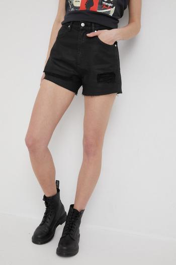 Džínové šortky Wrangler dámské, černá barva, hladké, high waist