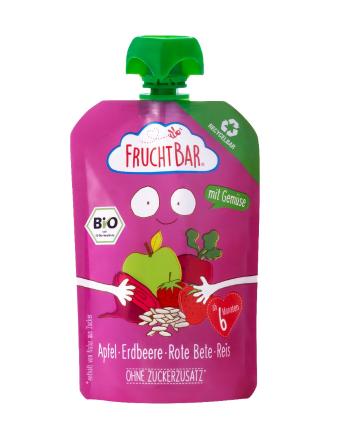 FruchtBar BIO Ovocná kapsička s jablkem, jahodou, červenou řepou a rýži 100% recykovatelná 100 g