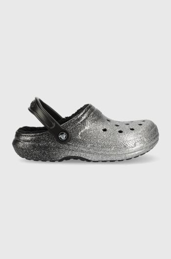 Pantofle Crocs Classic Glitter Lined Clog dámské, stříbrná barva