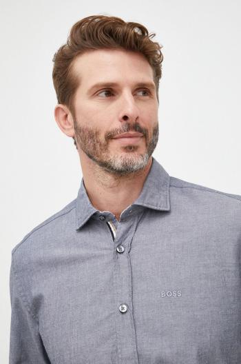 Bavlněné tričko BOSS šedá barva, regular, s italským límcem