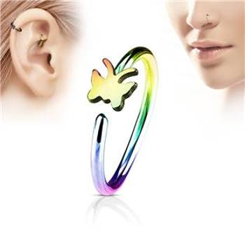 Šperky4U Duhový piercing do nosu/ucha kruh s motýlkem - N0056-W