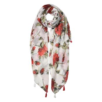 Bílý šátek s růžemi a střapci - 90*180 cm JZSC0524W
