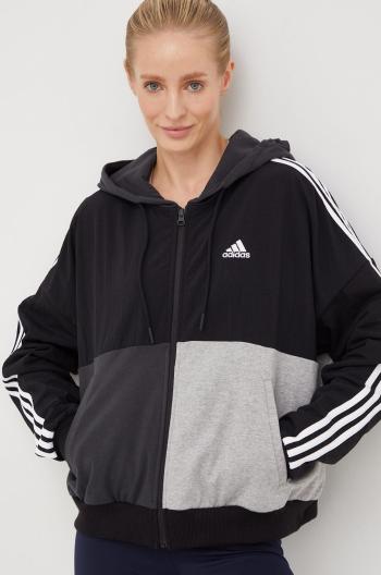 Bavlněná mikina adidas dámská, šedá barva, s kapucí, vzorovaná