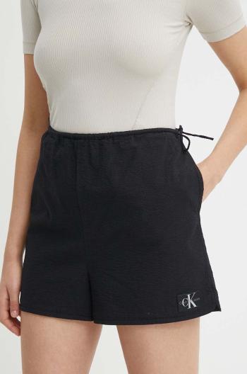 Bavlněné šortky Calvin Klein Jeans černá barva, hladké, high waist, J20J223424