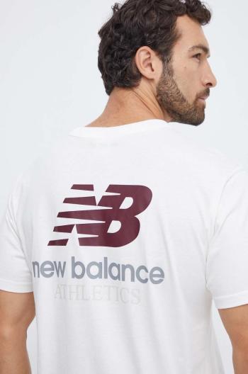 Bavlněné tričko New Balance béžová barva, s potiskem