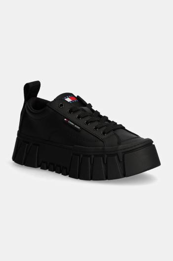 Kožené sneakers boty Tommy Jeans TJW VULC FLATFORM LC LEATHER černá barva, EN0EN02610