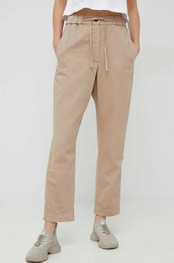 Kalhoty s příměsí lnu Tommy Hilfiger béžová barva, high waist