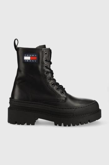 Kožené workery Tommy Jeans Lace Up Boot dámské, černá barva, na platformě
