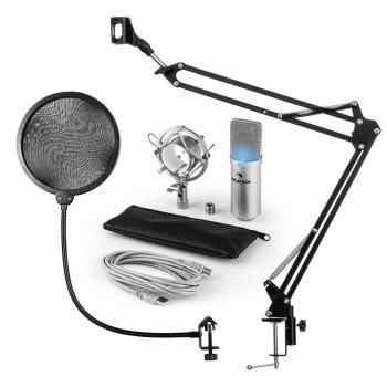 Auna MIC-900S-LED, USB MIKROFONNÍ SADA V4, STŘÍBRNÁ, kondenzátorové mikrofony, POP FILTER, mikrofonní rameno, LED