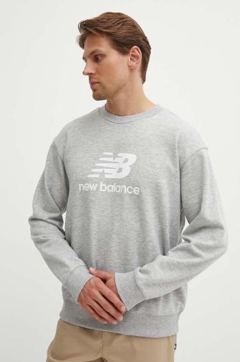 Mikina New Balance French Terry Crew pánská, šedá barva, s potiskem, MT41500AG