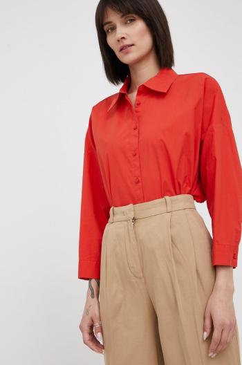 Bavlněné tričko Sisley červená barva, relaxed, s klasickým límcem