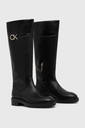 Kozačky Calvin Klein RUBBER SOLE KNEE BOOT W/HW dámské, černá barva, na plochém podpatku, HW0HW01689