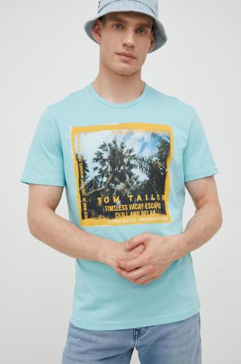 Bavlněné tričko Tom Tailor tyrkysová barva, s potiskem